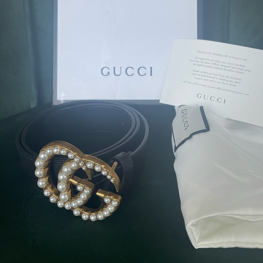 Black low waste Black Gucci belt embellished pearls